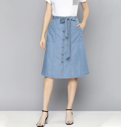 Women Blue Solid Denim A-line Skirt